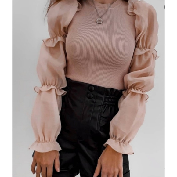 Zara Tops Zara Organza Rib Knit Long Sleeve Top Blush Pink Ruffles